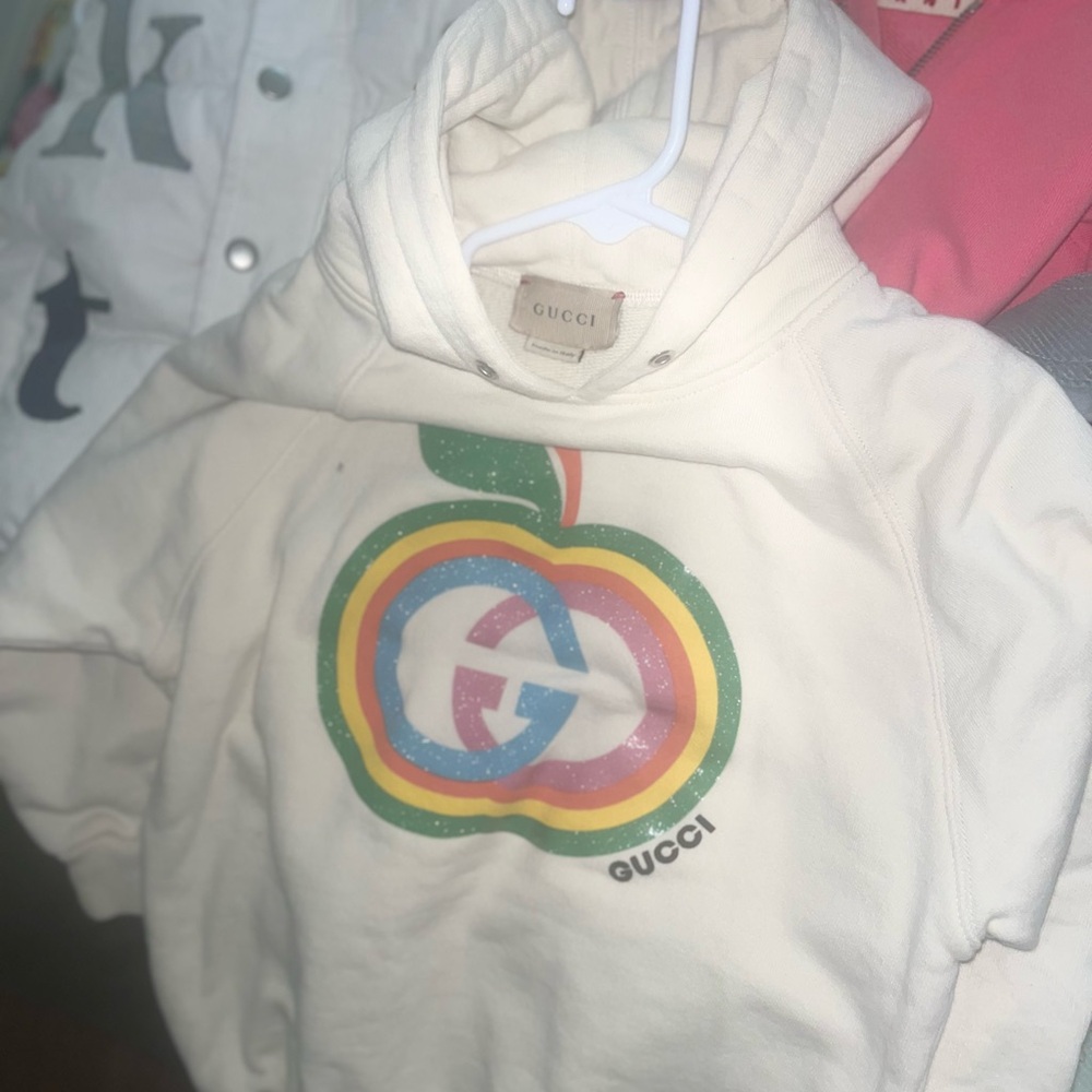 Gucci Kids Cream Hoodie with Rainbow Apple Logo